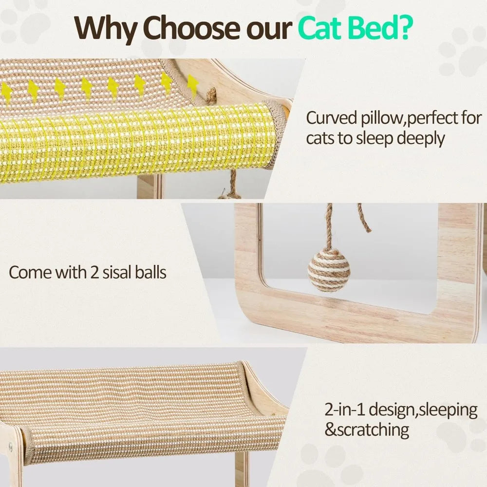 Sisal Cat Scratcher Bed for Indoor Cats Hammock for Scratching Pad, 2 in 1 Elevated Cat Sisal Chair with 2 Toys Ball for Scratch
